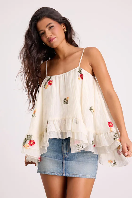 River Cream Floral Embroidered Ruffled Tank Top sold by Lulus product image thumbnail 3