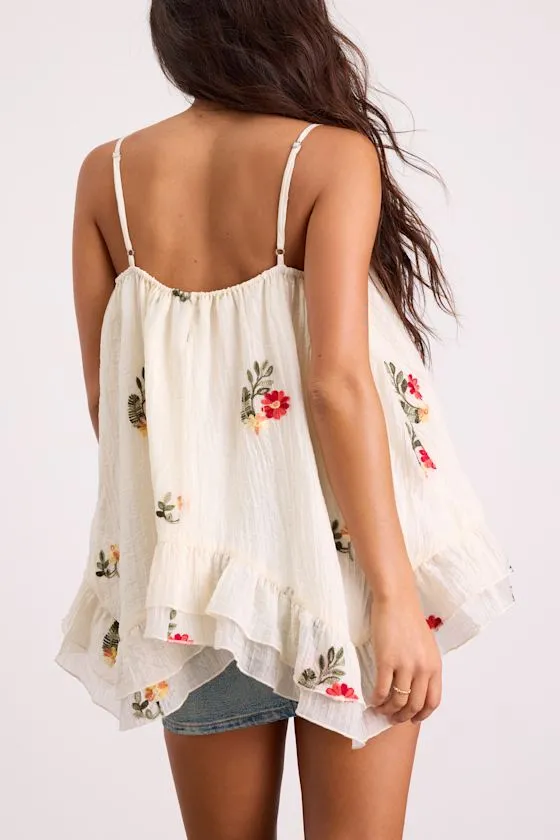 River Cream Floral Embroidered Ruffled Tank Top sold by Lulus product image thumbnail 4