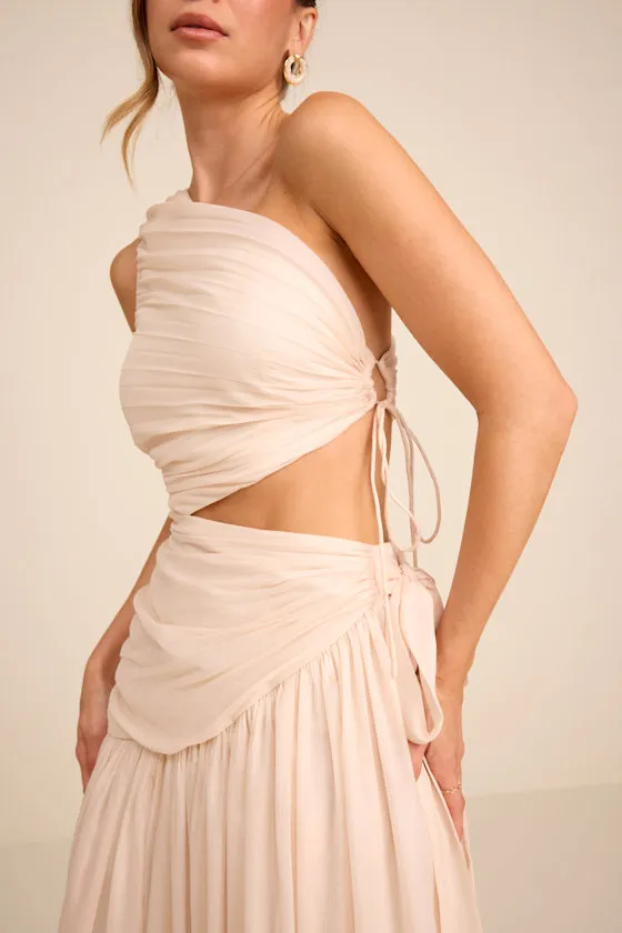 Vega Light Beige Pleated Asymmetrical Cutout Maxi Dress sold by Lulus product image thumbnail 3