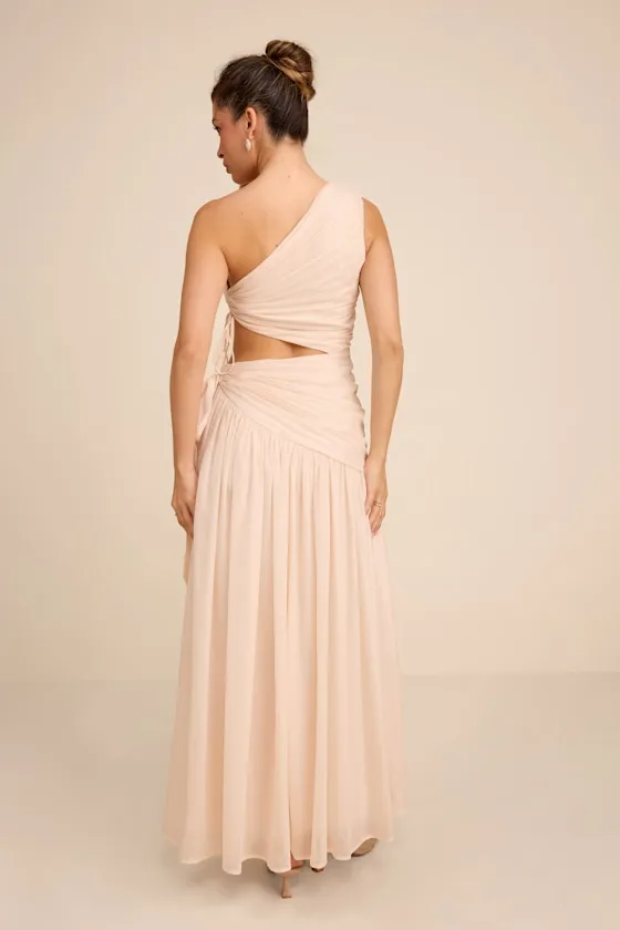 Vega Light Beige Pleated Asymmetrical Cutout Maxi Dress sold by Lulus product image thumbnail 4
