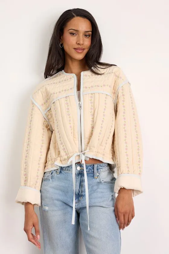 Feeling Pretty Cream Floral Quilted Zip-Up Jacket sold by Lulus