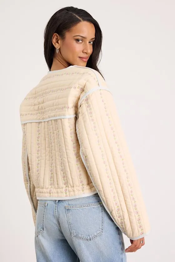 Feeling Pretty Cream Floral Quilted Zip-Up Jacket sold by Lulus product image thumbnail 4