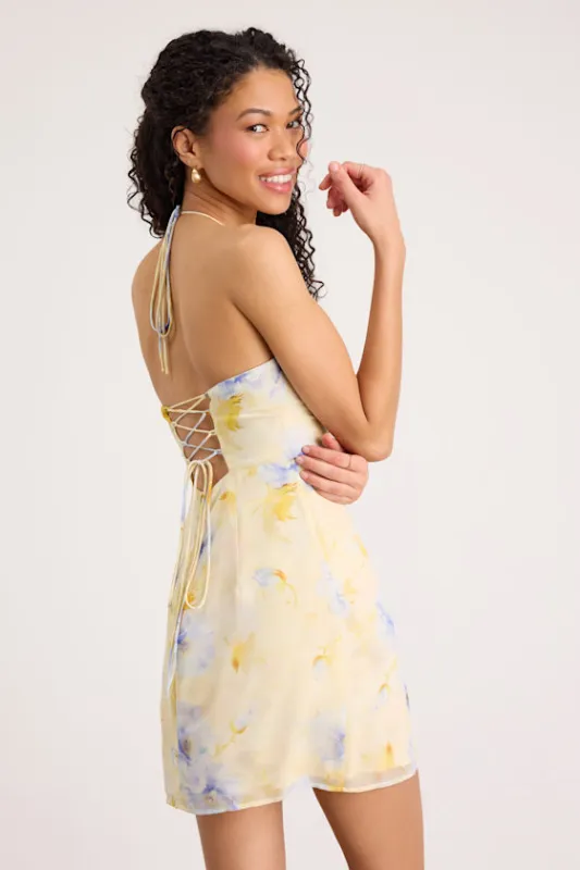 Catch the Bouquet Light Yellow Floral Halter Lace-Up Mini Dress made by Lulus