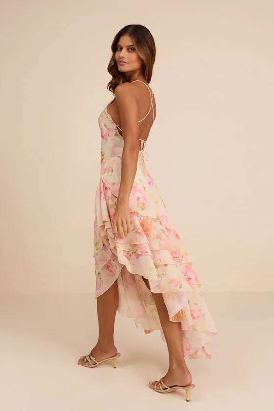 Mava Light Peach Multi Floral Asymmetrical Maxi Dress sold by Lulus