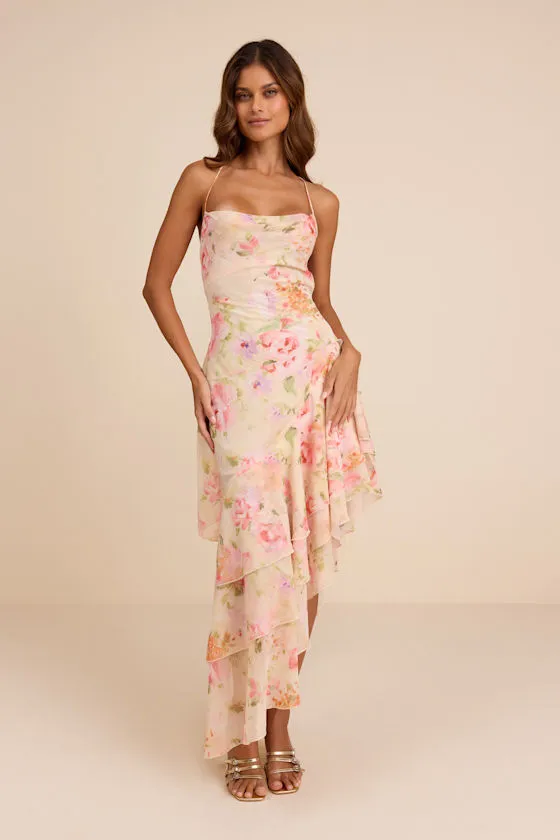 Mava Light Peach Multi Floral Asymmetrical Maxi Dress sold by Lulus product image thumbnail 2