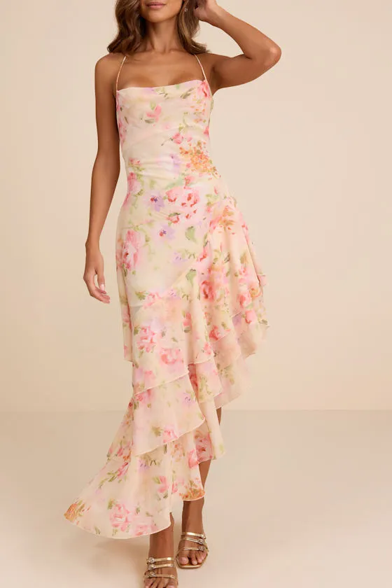 Mava Light Peach Multi Floral Asymmetrical Maxi Dress sold by Lulus product image thumbnail 3