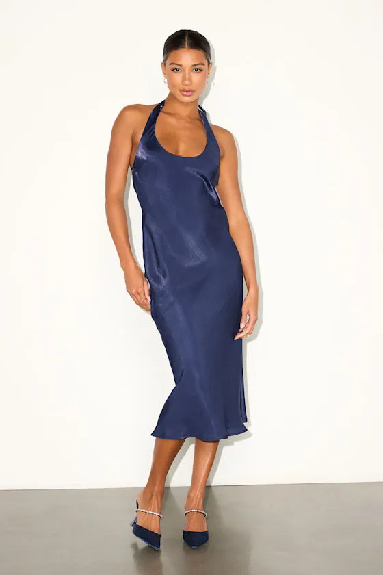 Olandria Navy Blue Halter Midi Slip Dress sold by Lulus