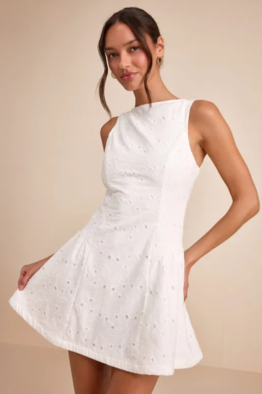 Celenia White Eyelet Embroidered Sleeveless Mini Dress sold by Lulus