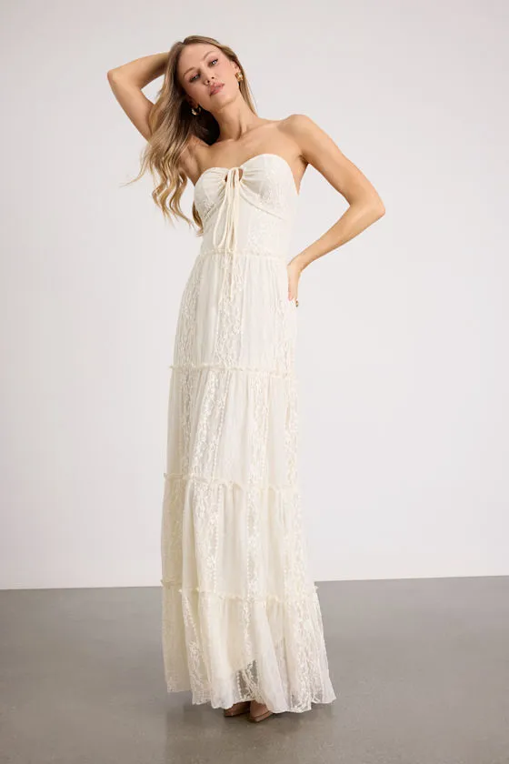 Nora Ivory Lace Strapless Tiered Maxi Dress sold by Lulus