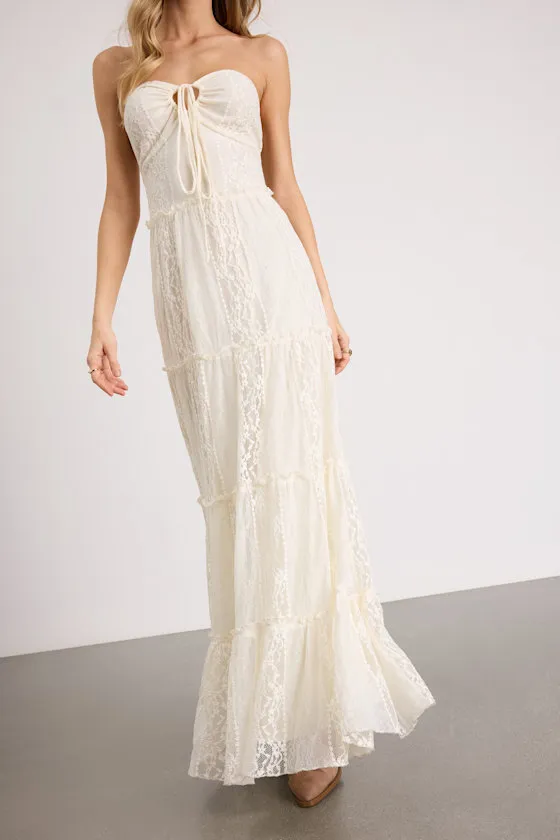 Nora Ivory Lace Strapless Tiered Maxi Dress sold by Lulus product image thumbnail 4