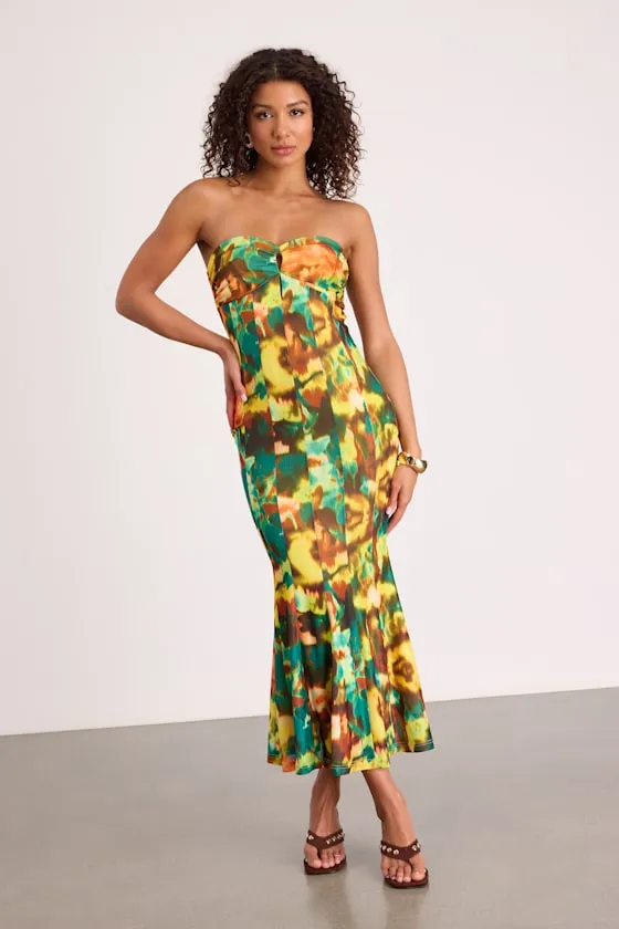 Islay Green Multi Abstract Mesh Strapless Midi Dress sold by Lulus