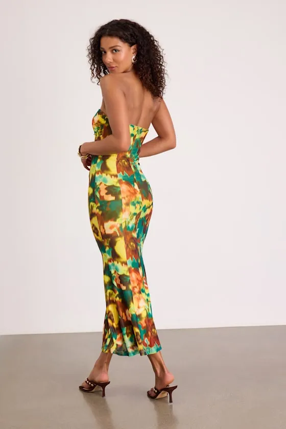 Islay Green Multi Abstract Mesh Strapless Midi Dress sold by Lulus product image thumbnail 3