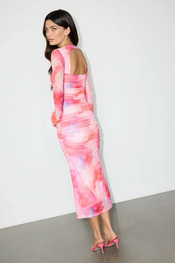 Sola Pink Multi Abstract Print Mesh Midi Dress sold by Lulus product image thumbnail 4