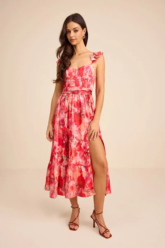 Sweet Like Sangria Pink Floral Ruffled Bustier Midi Dress sold by Lulus