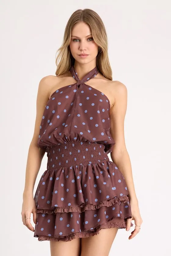 Regan Brown Polka Dot Halter Tiered Mini Dress sold by Lulus