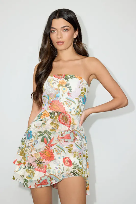 Suvi White Multi Floral Strapless Tiered Asymmetrical Mini Dress sold by Lulus