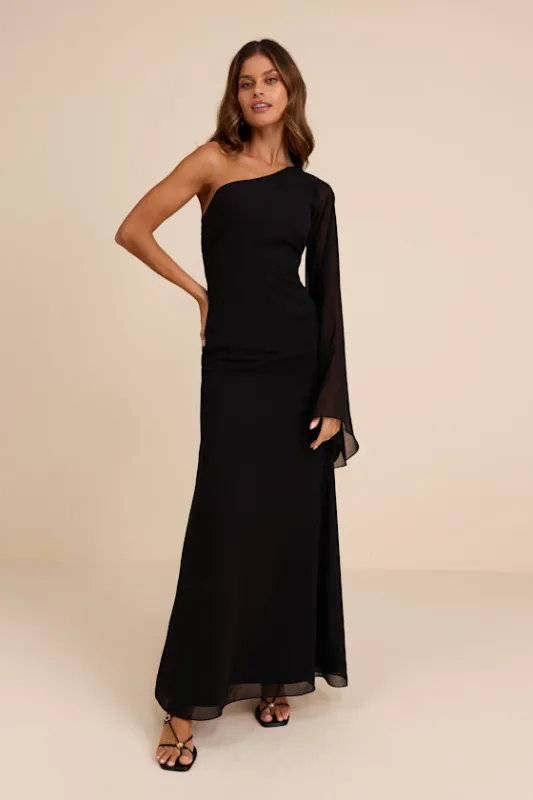 Elizabeth Black One-Shoulder Bell Sleeve Maxi Dress sold by Lulus