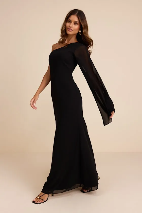 Elizabeth Black One-Shoulder Bell Sleeve Maxi Dress sold by Lulus product image thumbnail 4