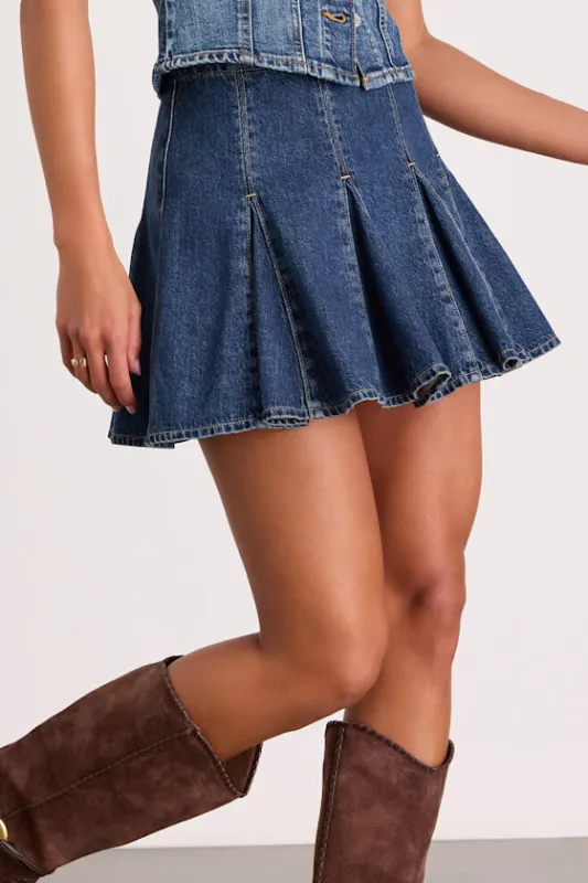 Godet Dark Wash Denim Skater Mini Skirt sold by Lulus