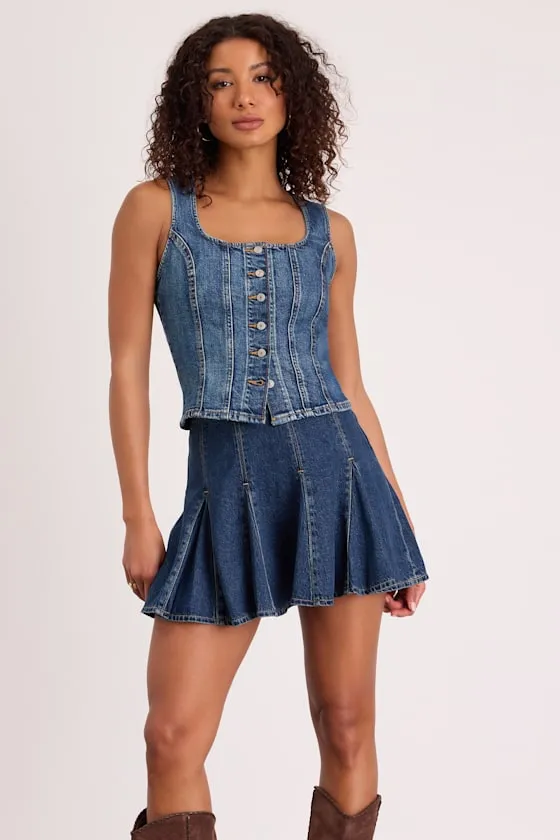 Godet Dark Wash Denim Skater Mini Skirt sold by Lulus product image thumbnail 2