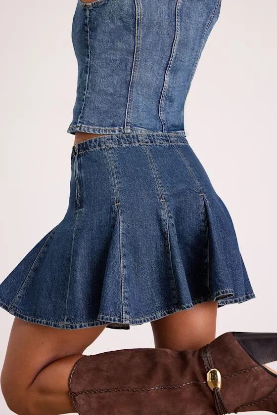 Godet Dark Wash Denim Skater Mini Skirt sold by Lulus product image thumbnail 3