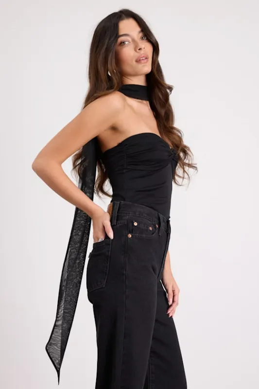 Genevieve Black Mesh Sash Scarf Strapless Top sold by Lulus