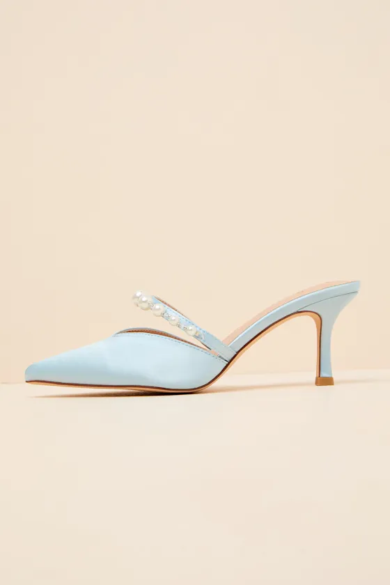 Daryll Light Blue Satin Pearl Pointed-Toe Mule Pumps sold by Lulus product image thumbnail 2