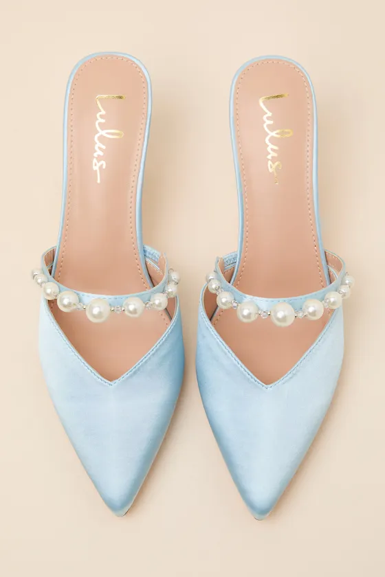 Daryll Light Blue Satin Pearl Pointed-Toe Mule Pumps sold by Lulus product image thumbnail 4
