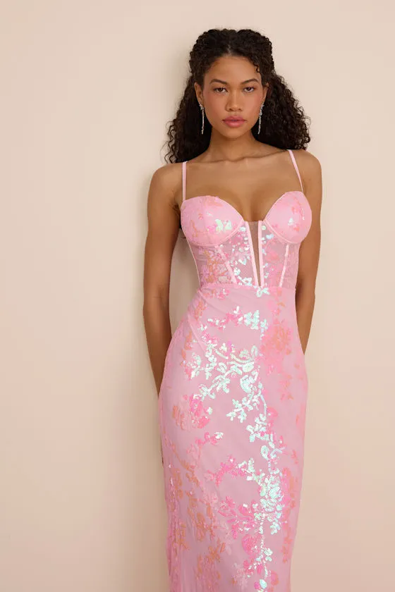 Livy Pink Sequin Bustier Mermaid Maxi Dress sold by Lulus