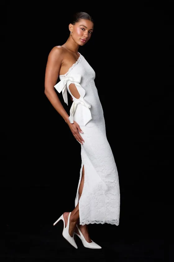 Sophie White Lace One-Shoulder Bow Column Maxi Dress sold by Lulus