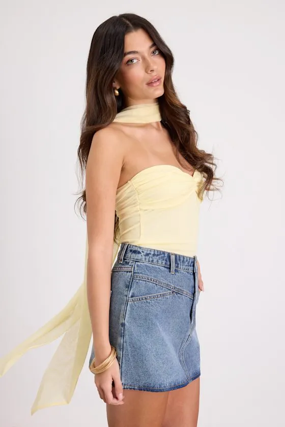 Genevieve Light Yellow Mesh Sash Scarf Strapless Top sold by Lulus