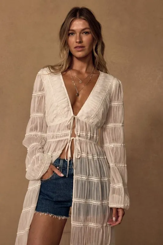 April Ivory Sheer Long Sleeve Tie-Front Duster Top sold by Lulus