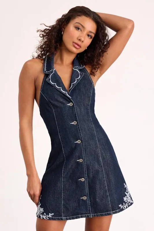 Rani Dark Wash Denim Embroidered Halter Mini Dress sold by Lulus