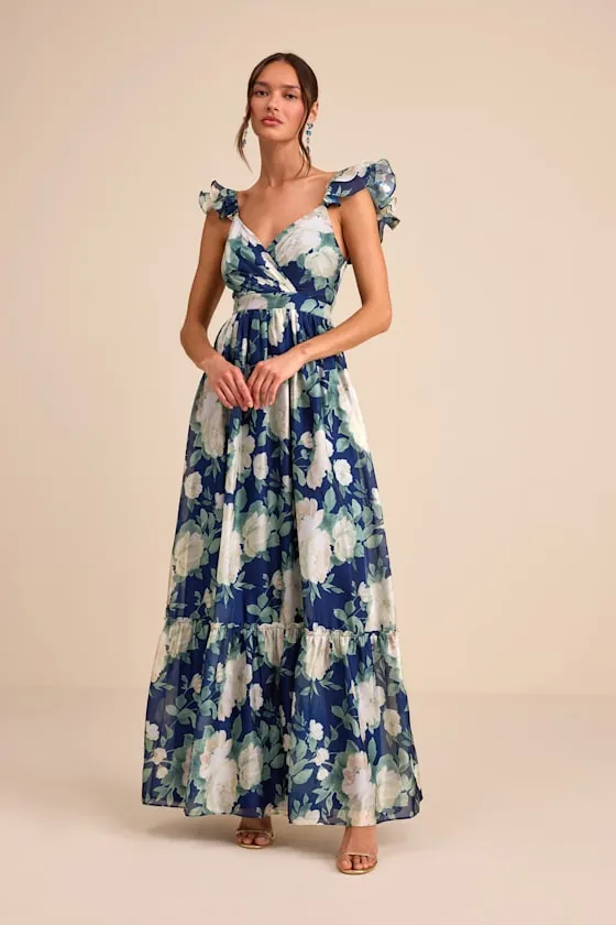 Soiree Perfection Navy Floral Ruffled Tiered Maxi Dress sold by Lulus