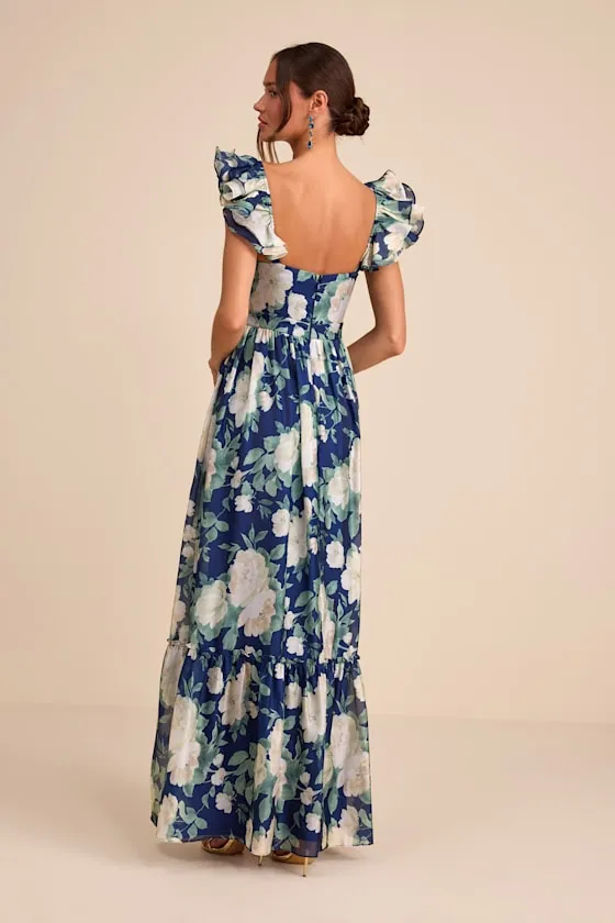 Soiree Perfection Navy Floral Ruffled Tiered Maxi Dress sold by Lulus product image thumbnail 3