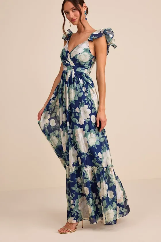 Soiree Perfection Navy Floral Ruffled Tiered Maxi Dress sold by Lulus product image thumbnail 4