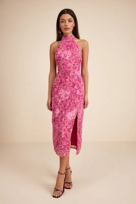 Lana Fuchsia Floral Jacquard Halter Midi Dress made by Lulus