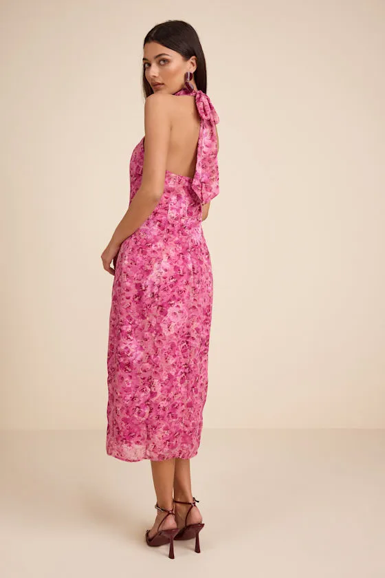 Lana Fuchsia Floral Jacquard Halter Midi Dress sold by Lulus product image thumbnail 3