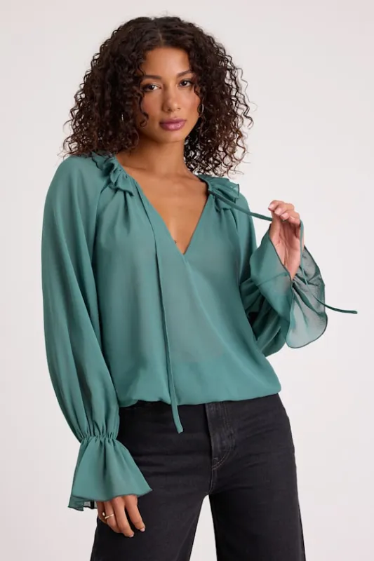 Florencia Teal Ruffled Long Sleeve Top sold by Lulus