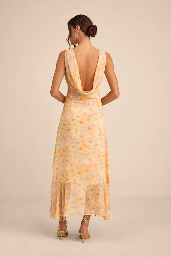 Laraline Peach Multi Floral Ruffled Cowl Back Maxi Dress sold by Lulus product image thumbnail 3