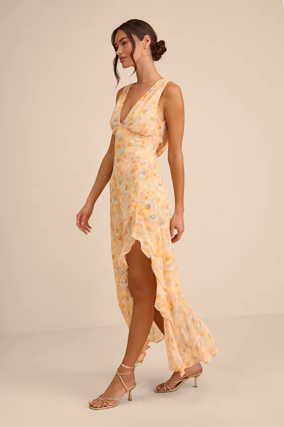 Laraline Peach Multi Floral Ruffled Cowl Back Maxi Dress sold by Lulus product image thumbnail 4