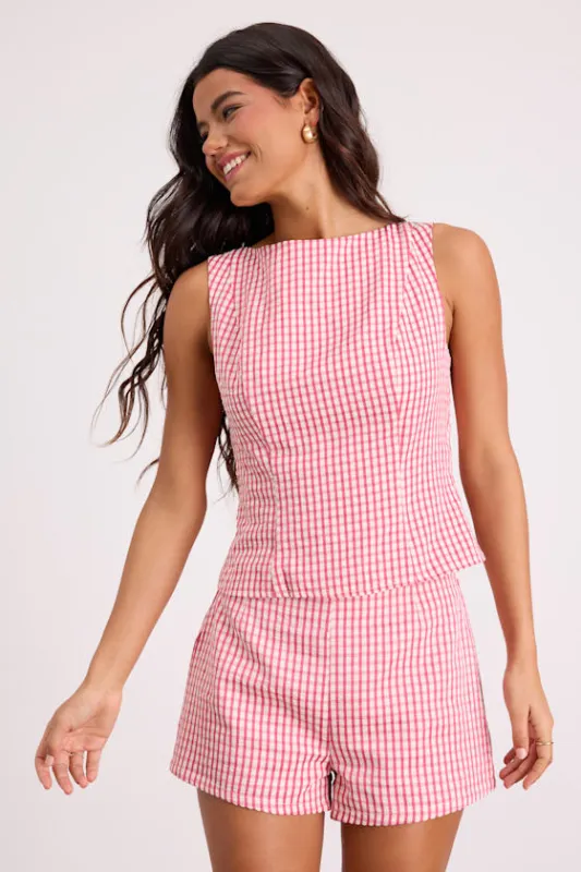 Harmony Pink Gingham Tie-Back Tank Top sold by Lulus