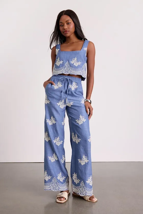 Havana Blue Embroidered Drawstring Wide-Leg Pants sold by Lulus