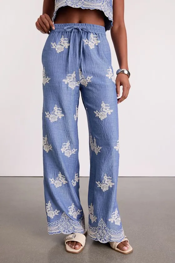 Havana Blue Embroidered Drawstring Wide-Leg Pants sold by Lulus product image thumbnail 2
