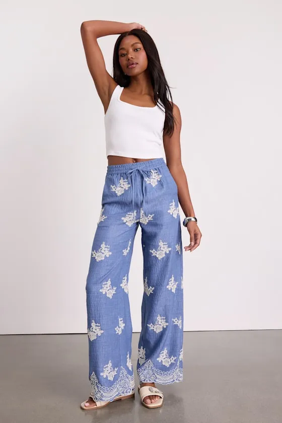 Havana Blue Embroidered Drawstring Wide-Leg Pants sold by Lulus product image thumbnail 4