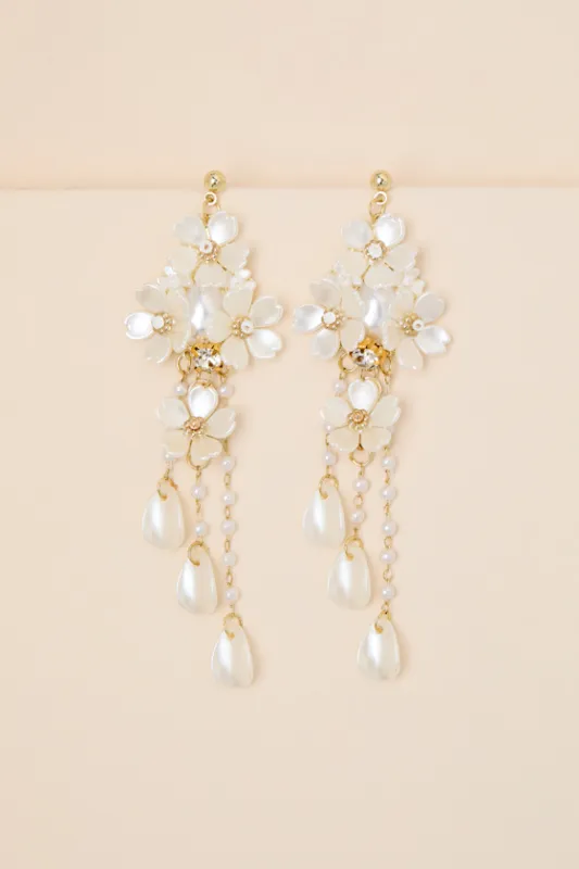 Mosely White Pearl Floral Statement Earrings sold by Lulus