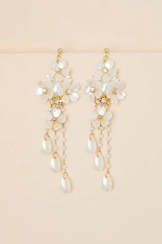 Mosely White Pearl Floral Statement Earrings sold by Lulus