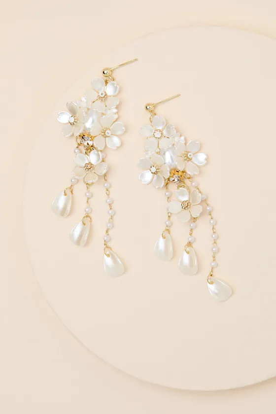 Mosely White Pearl Floral Statement Earrings sold by Lulus product image thumbnail 2