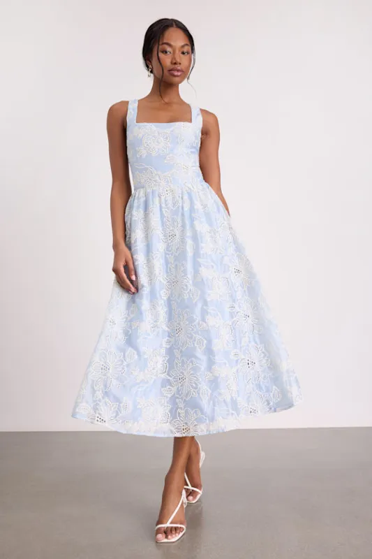 Noble Light Blue Eyelet Embroidered Midi Dress made by Lulus