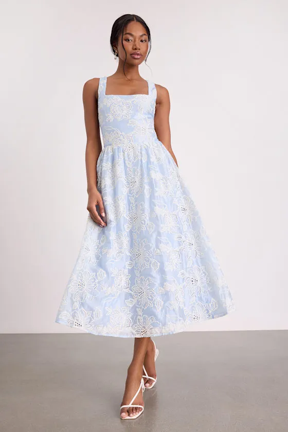 Noble Light Blue Eyelet Embroidered Midi Dress sold by Lulus